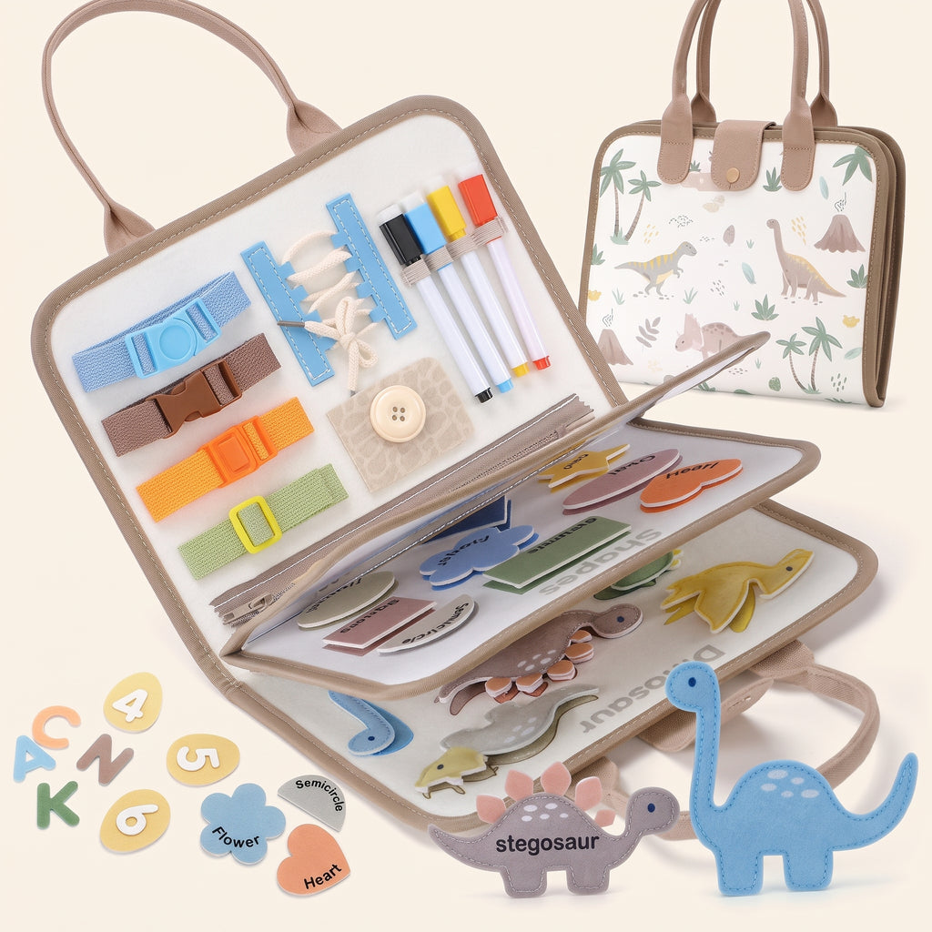 The Beige Dinosaurs felt busy book with buckles, laces, markers, felt shapes and dinosaurs