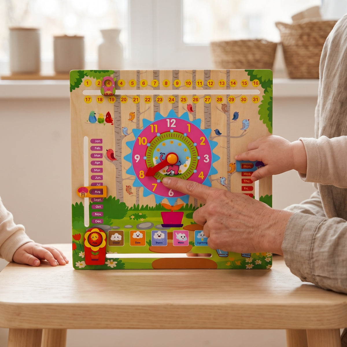 Parent and child using the wooden calendar clock board