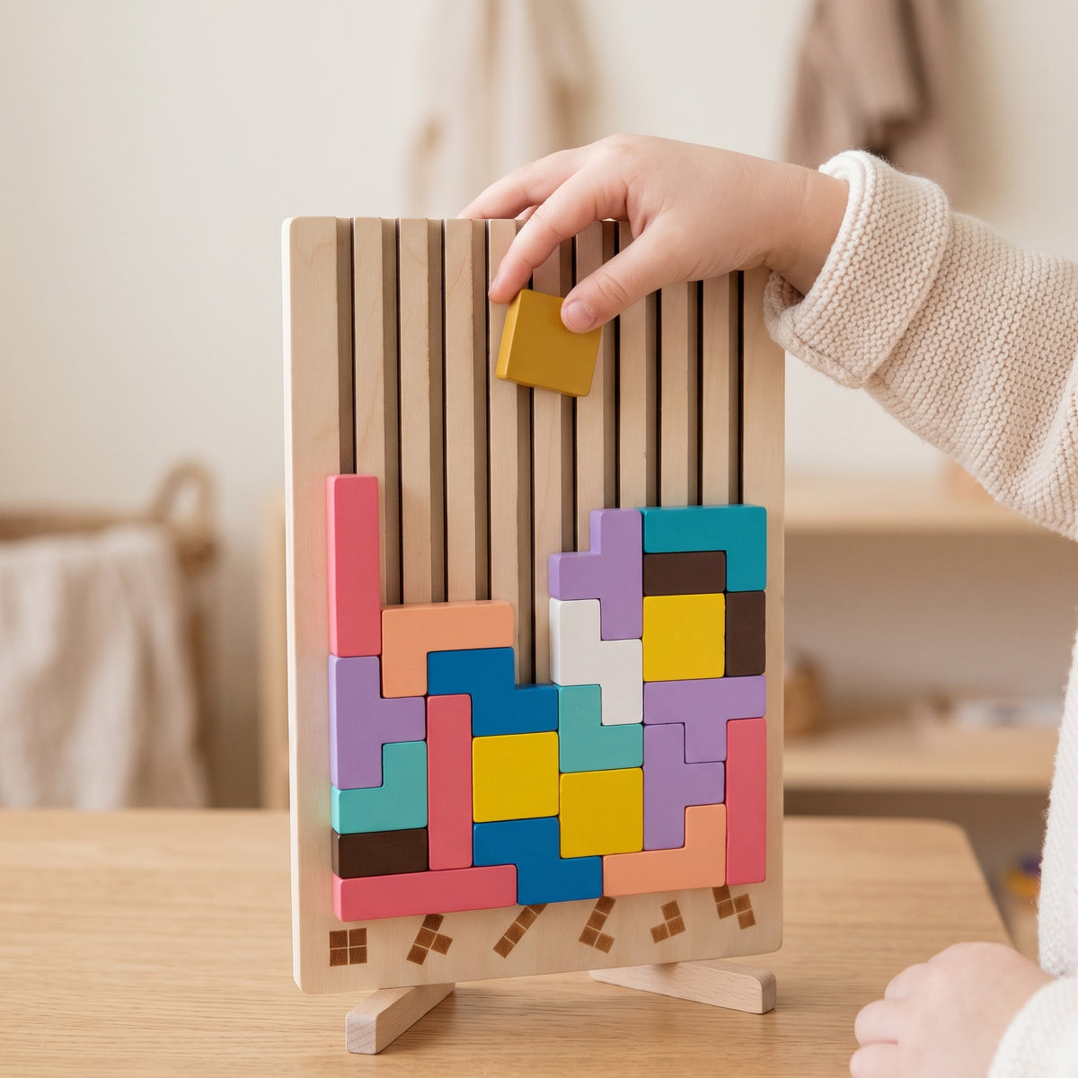A child's hand dropping a yellow wooden block into the puzzle board