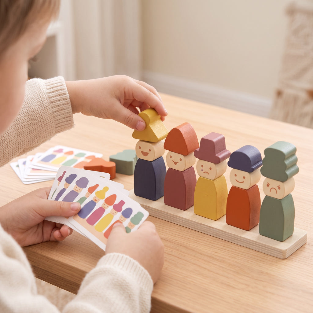 A child's hand placing a yellow hat on a wooden peg doll