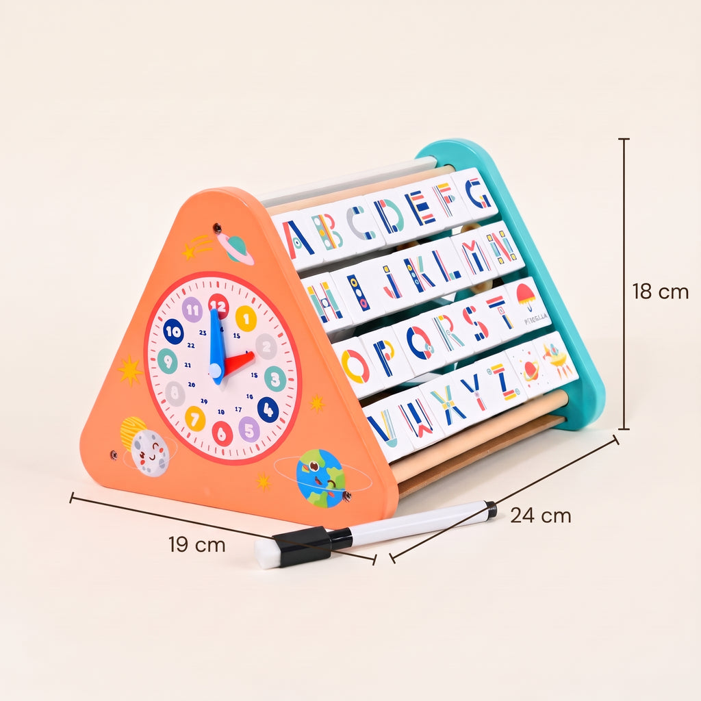 Wooden learning triangle toy measuring 24 cm long, 19 cm deep and 18 cm high