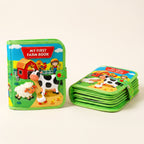 My First Farm Book cloth activity book, standing and closed, on a cream background