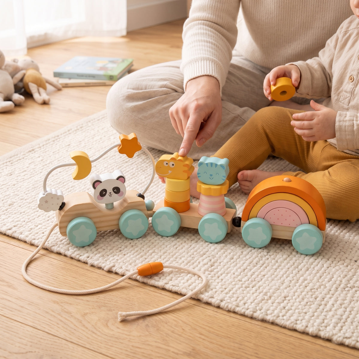 Parent and toddler playing with the wooden pull-along train