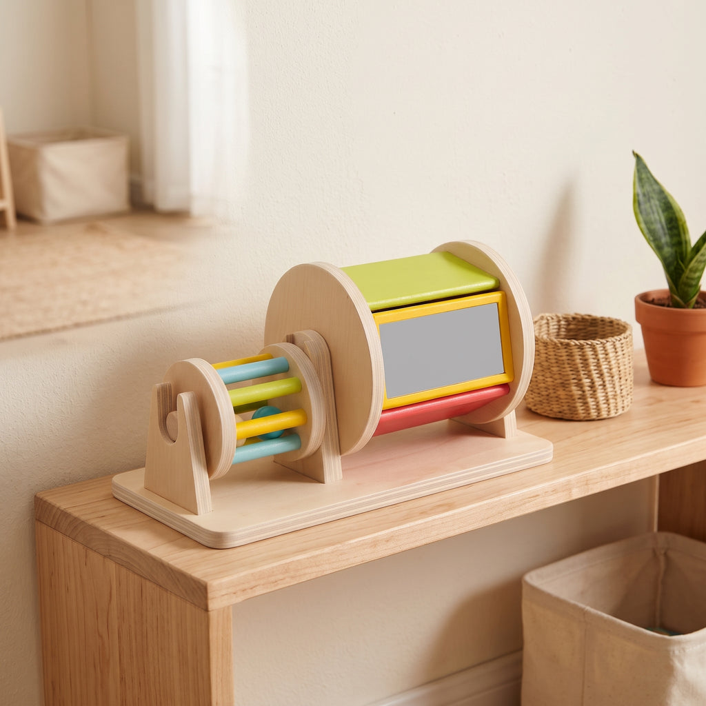 Wooden spinning drum toy on a Montessori shelf