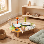 Wooden music table toy on a linen rug in a calm Montessori playroom
