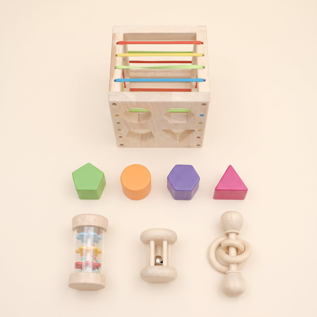 Everything in the set: cube, four shape blocks and three rattles