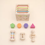 Everything in the set: cube, four shape blocks and three rattles