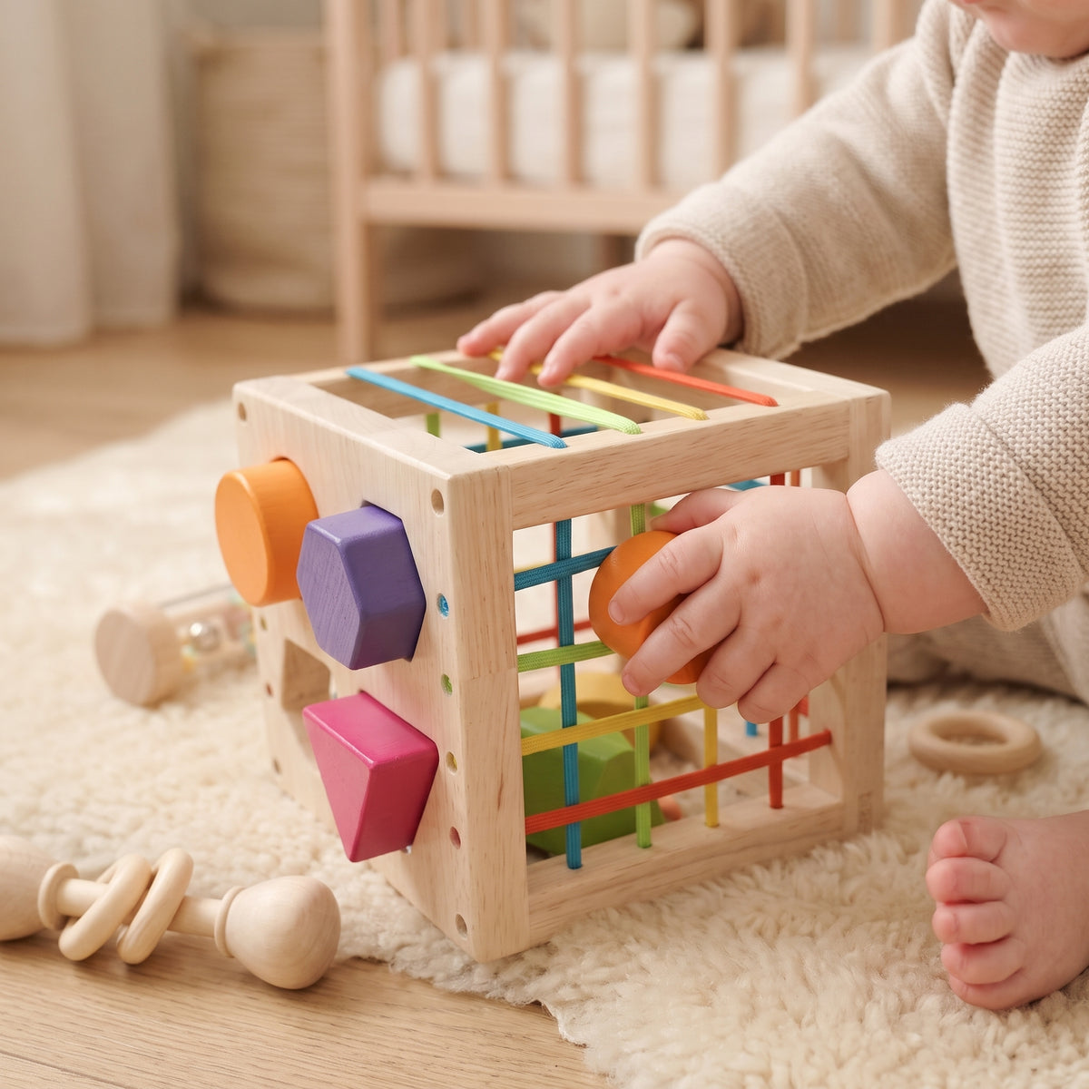 Baby pushing a wooden block through the elastic cords of the shape sorter cube