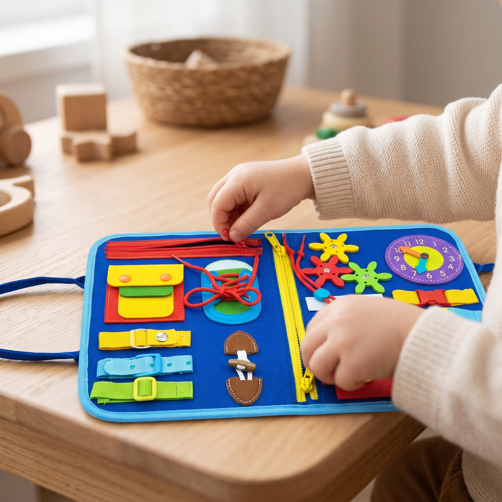 A child's hands opening the zip on the practical life page of the felt busy book