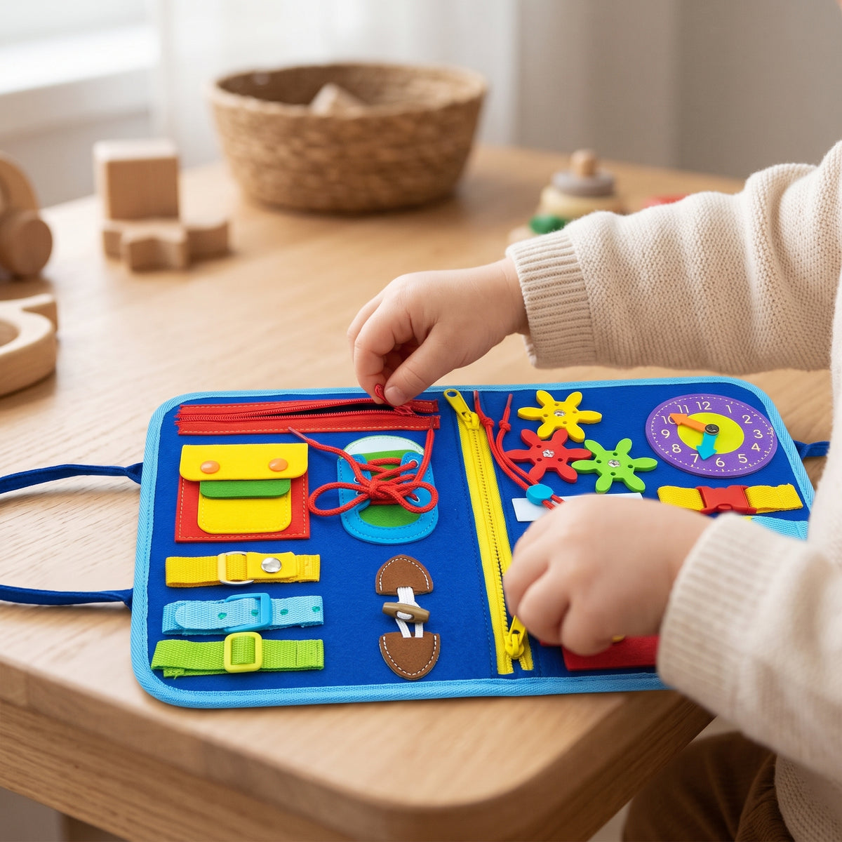 A child's hands opening the zip on the practical life page of the felt busy book