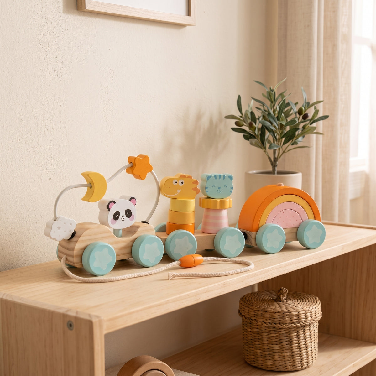 Wooden pull-along train on a Montessori shelf
