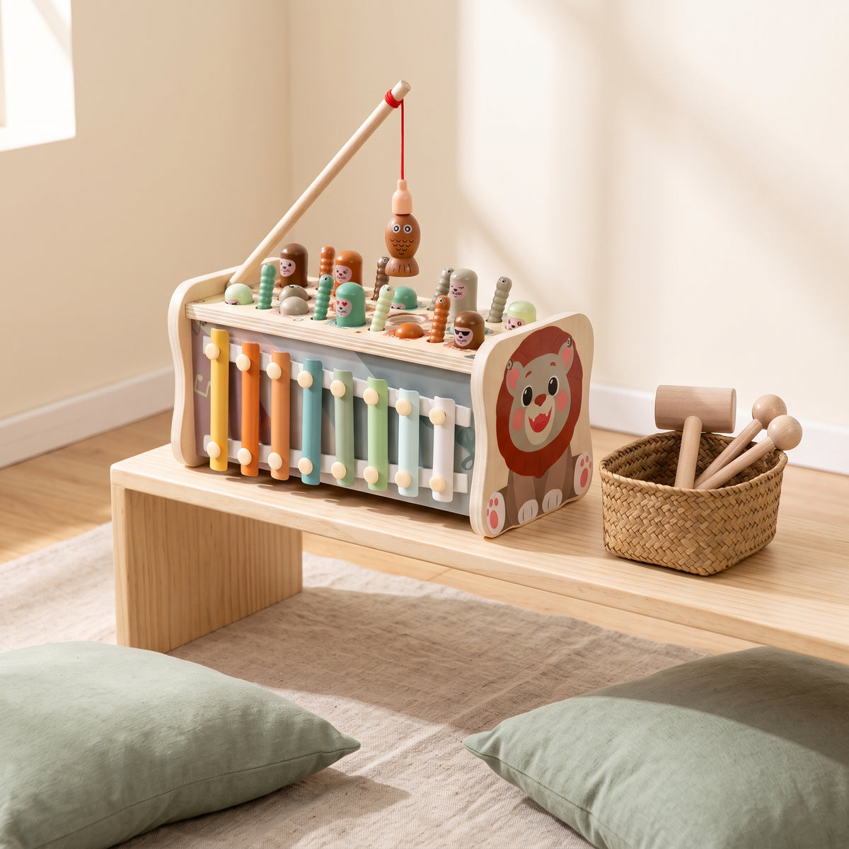Wooden lion hammer bench on a low Montessori shelf