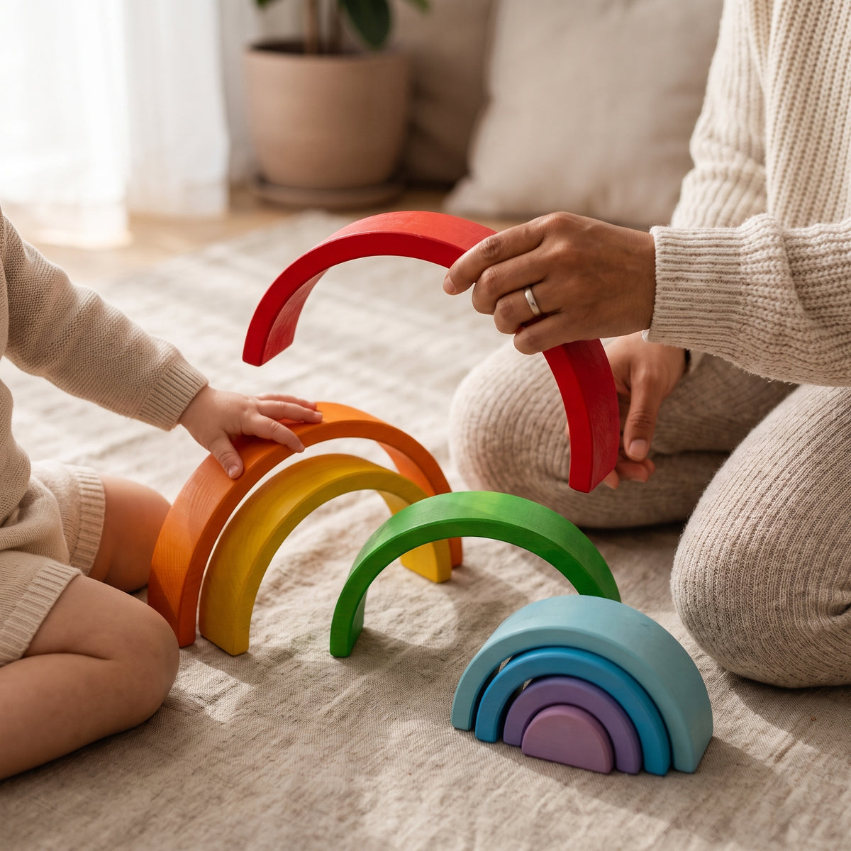 A parent and child naming the colours of the wooden rainbow arches together