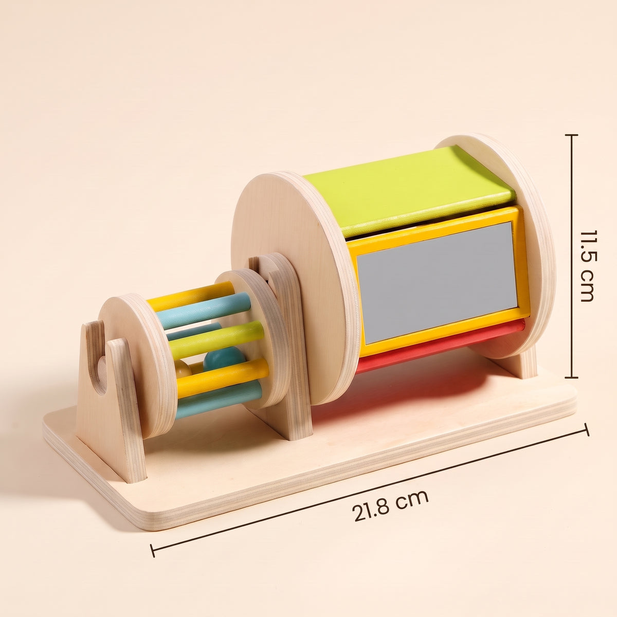 Wooden spinning drum dimensions: 21.8 cm wide, 11.5 cm high
