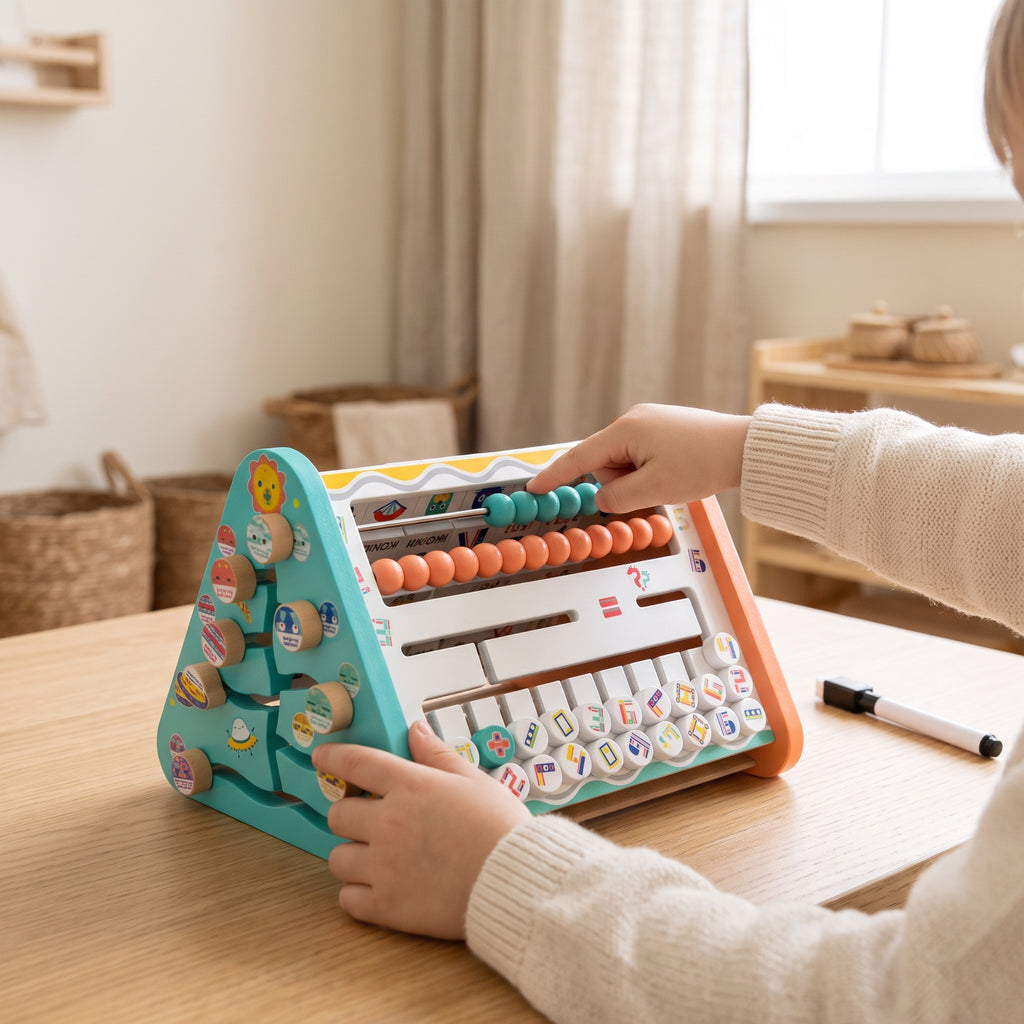 A child's hands sliding the teal abacus beads on the wooden learning triangle