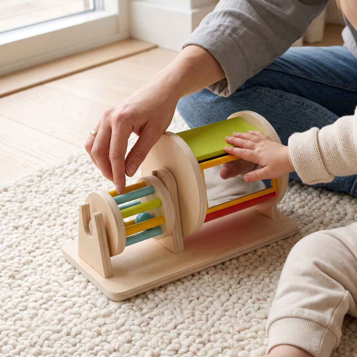 Parent and child playing with the wooden spinning drum