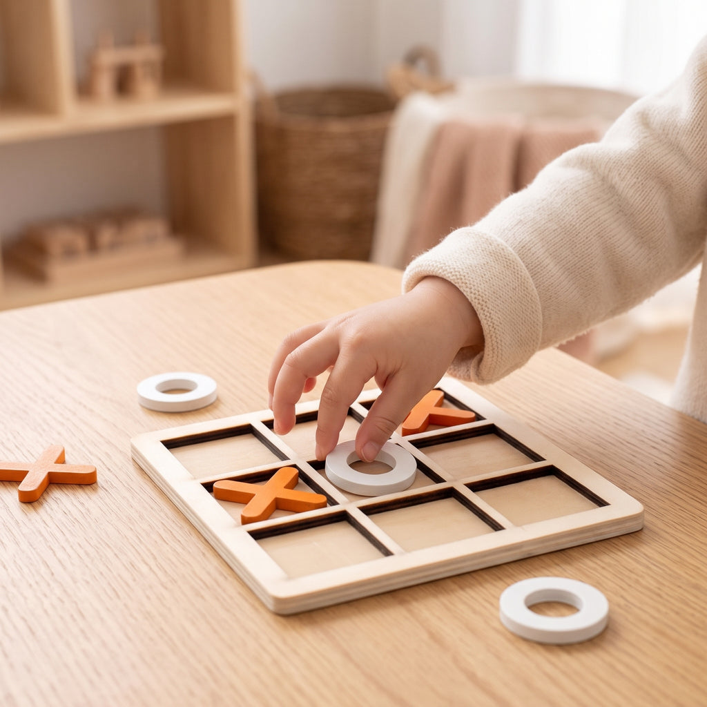 A child's hand placing a white wooden nought on the board