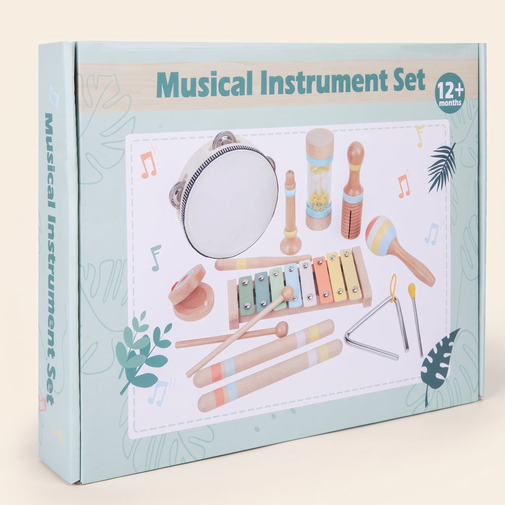 The printed box of the 9-piece wooden musical instrument set