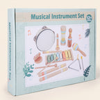 The printed box of the 9-piece wooden musical instrument set