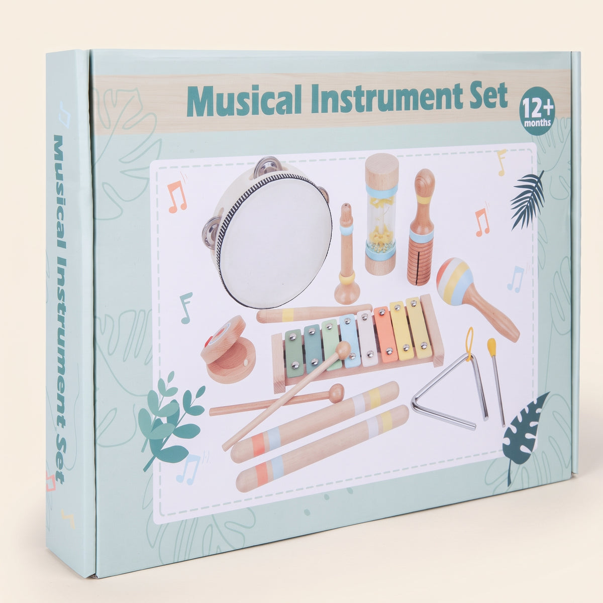 The printed box of the 9-piece wooden musical instrument set
