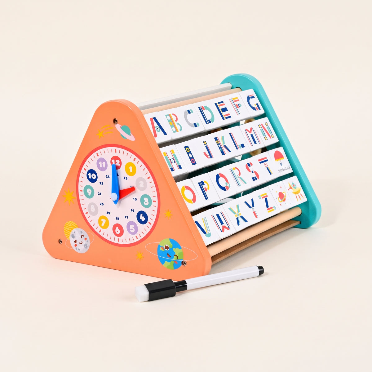 Wooden learning triangle toy with a clock face, letter tiles A to Z and a marker pen on a cream background