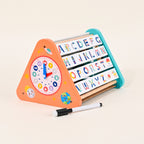 Wooden learning triangle toy with a clock face, letter tiles A to Z and a marker pen on a cream background