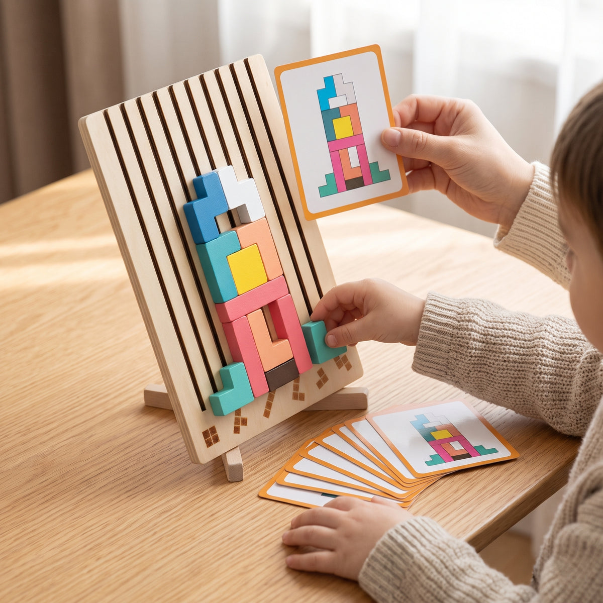 A parent holding a pattern card while a child copies it on the wooden block puzzle