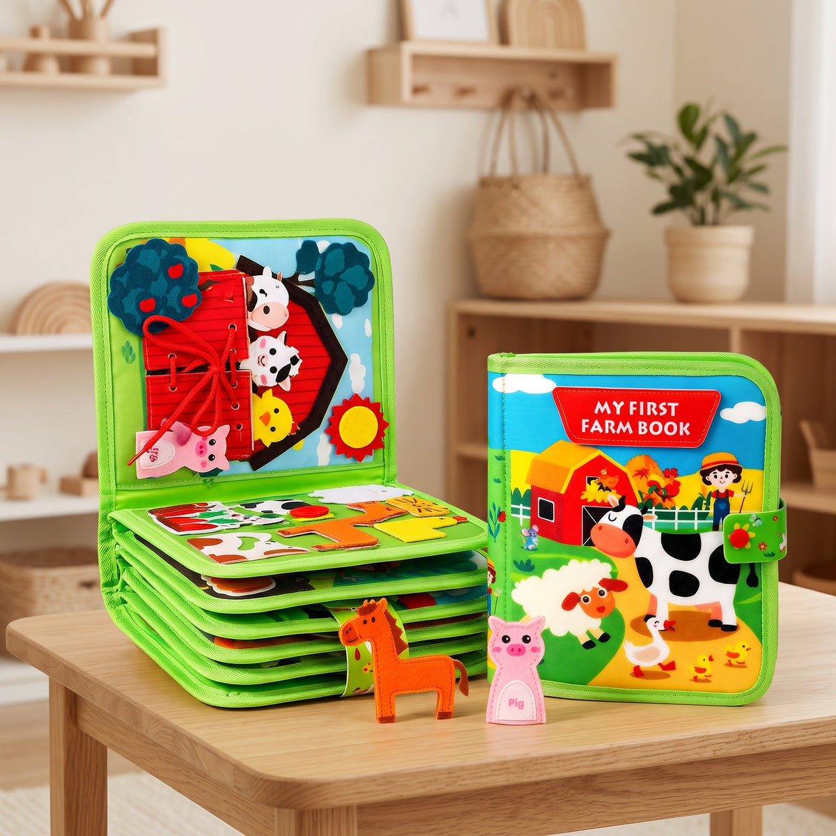 The farm cloth activity book open on its barn page with felt finger puppets