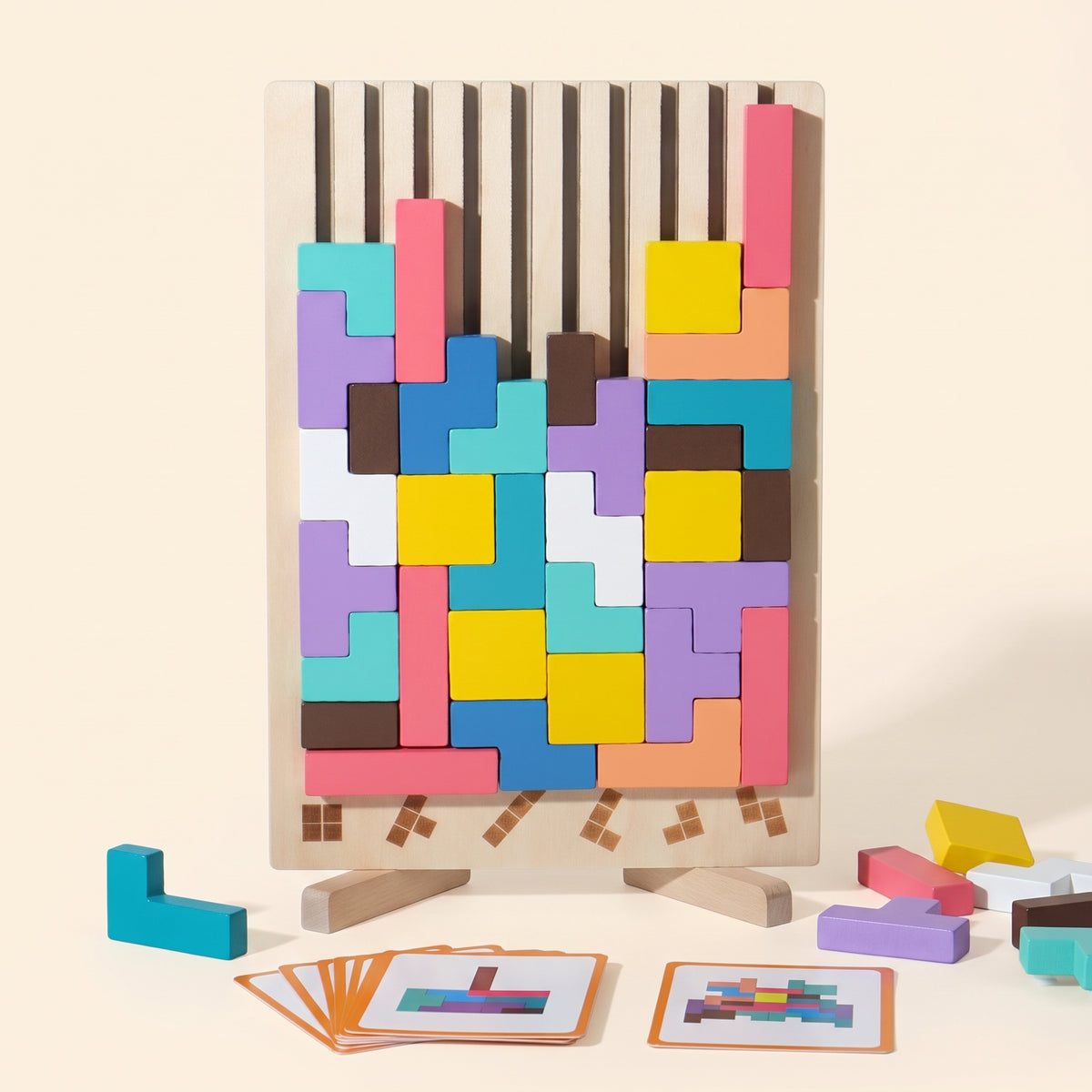 Wooden block puzzle board filled with colourful blocks, with pattern cards, on a cream background