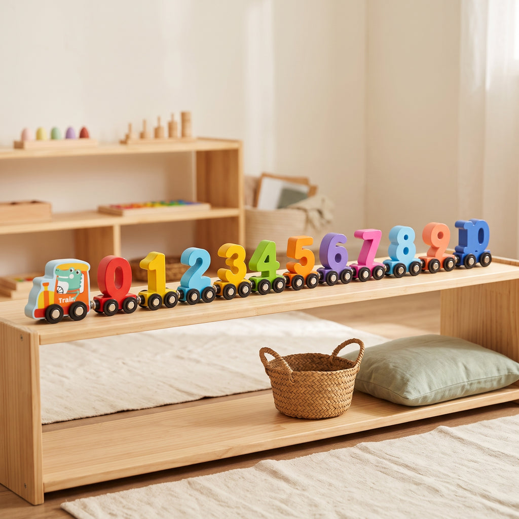 Wooden magnetic number train running along a low Montessori shelf