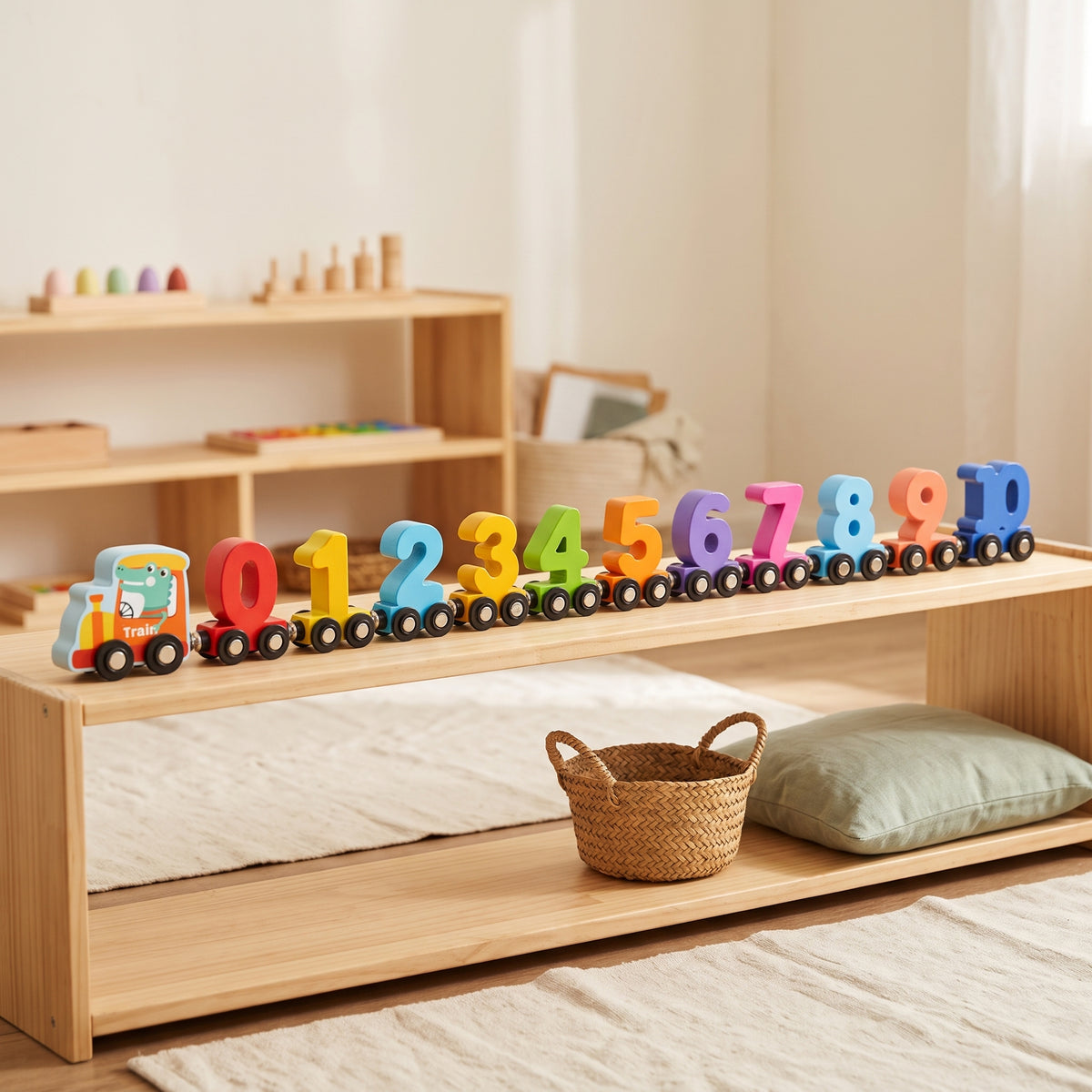 Wooden magnetic number train running along a low Montessori shelf