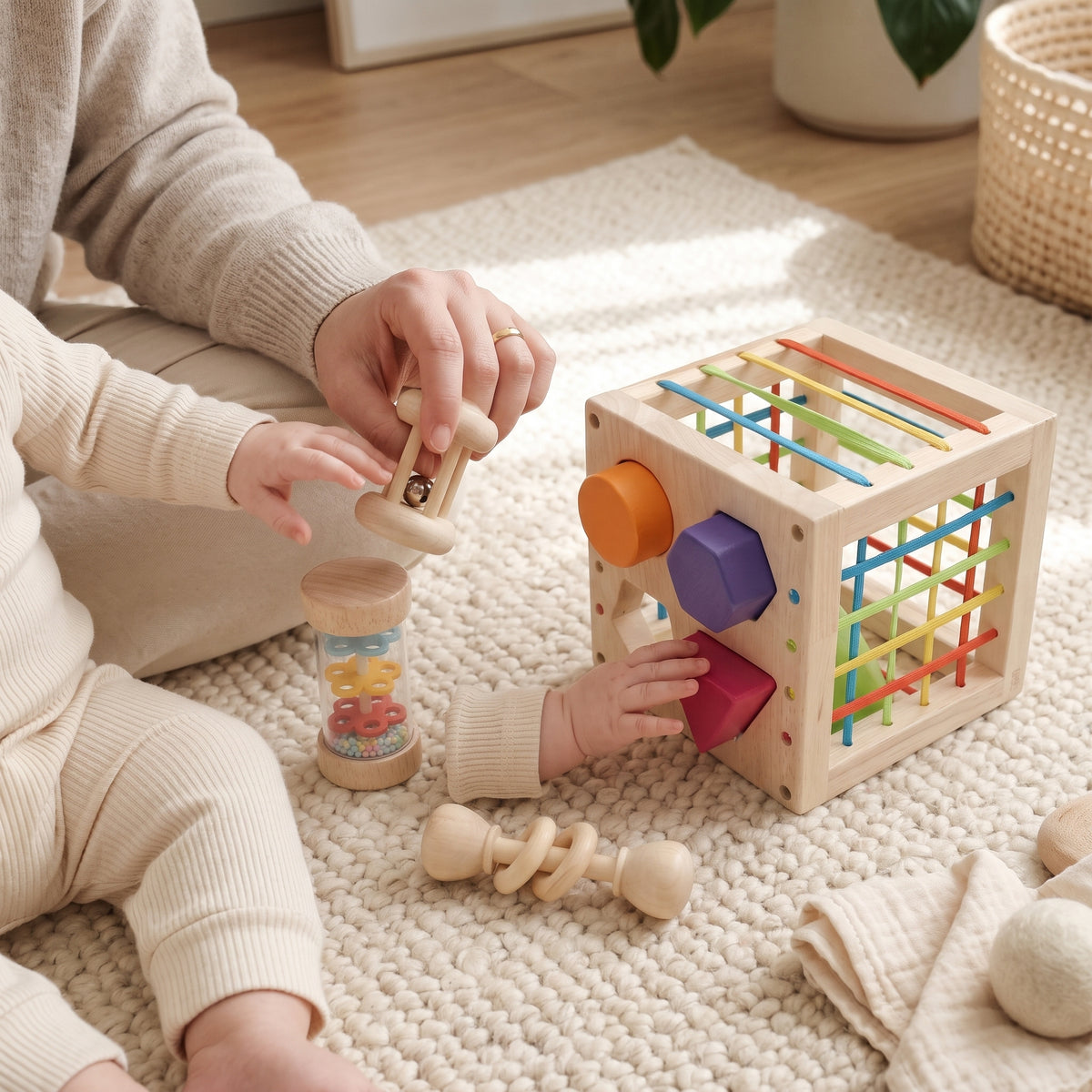 Parent and baby playing with the wooden shape sorter and rattles