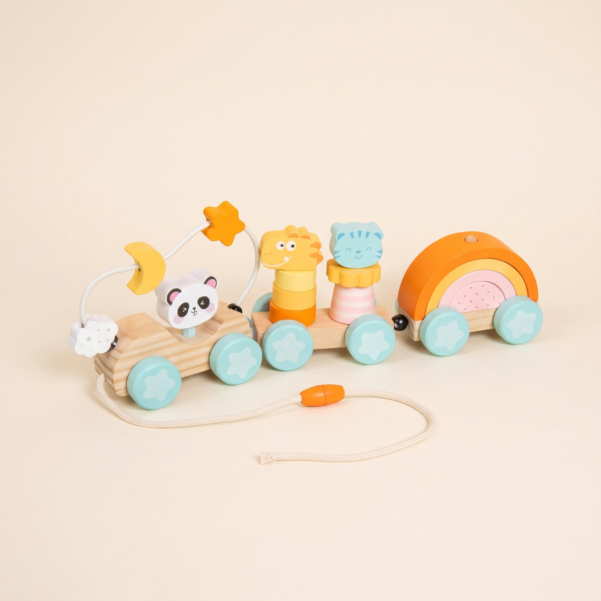 Wooden animal pull-along train with panda, stacking and rainbow carriages
