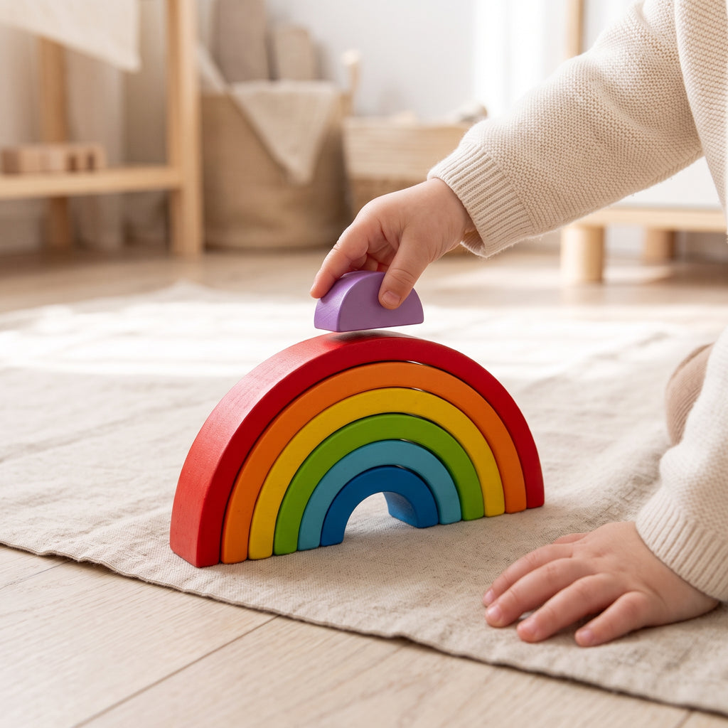 A child's hands placing the smallest arch on the wooden rainbow stacker