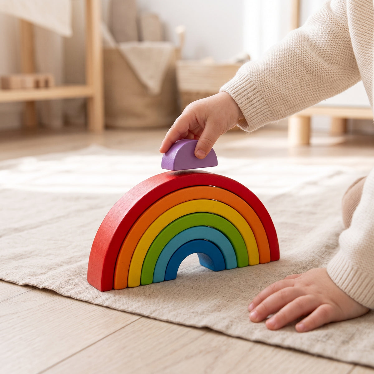 A child's hands placing the smallest arch on the wooden rainbow stacker