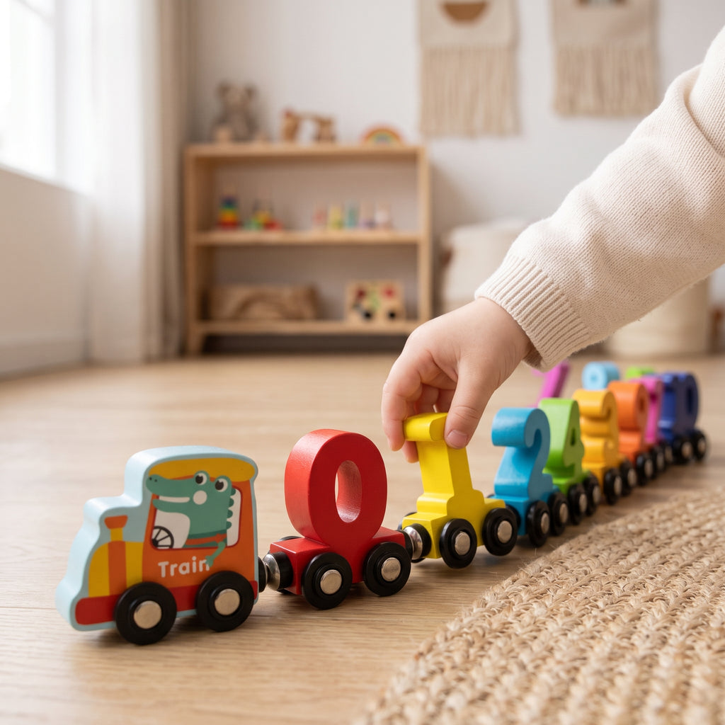 A child's hands linking the number 1 wagon to the wooden magnetic train