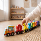 A child's hands linking the number 1 wagon to the wooden magnetic train