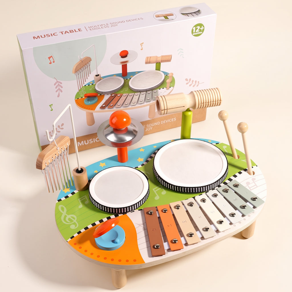 The wooden music table in front of its printed box