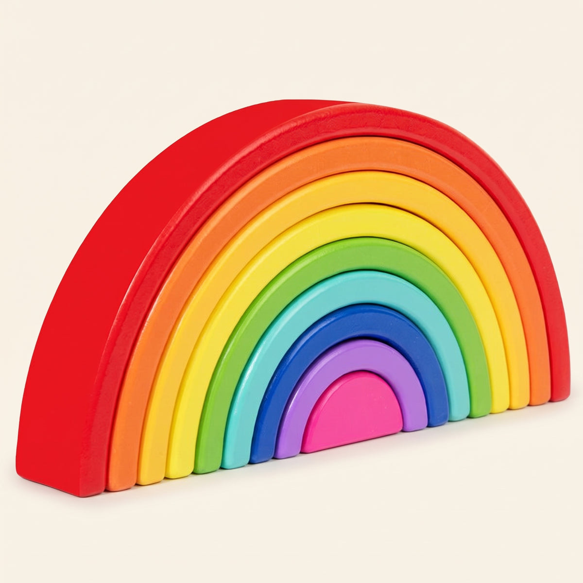 Large 9-arch classic wooden rainbow stacker on a cream background