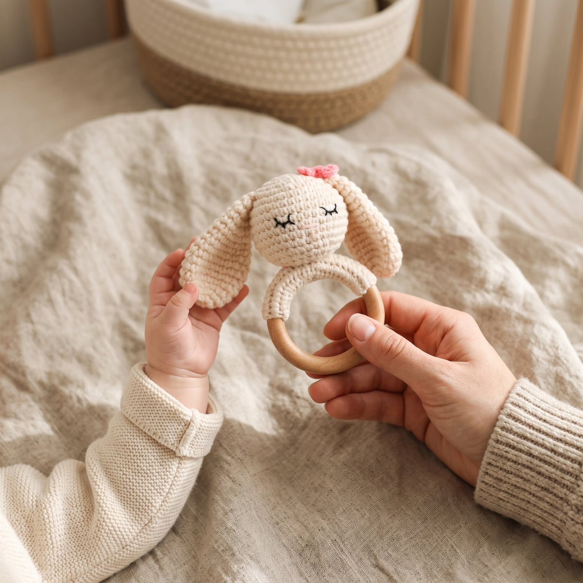 A parent holding the crochet bunny rattle above a baby reaching for its ear