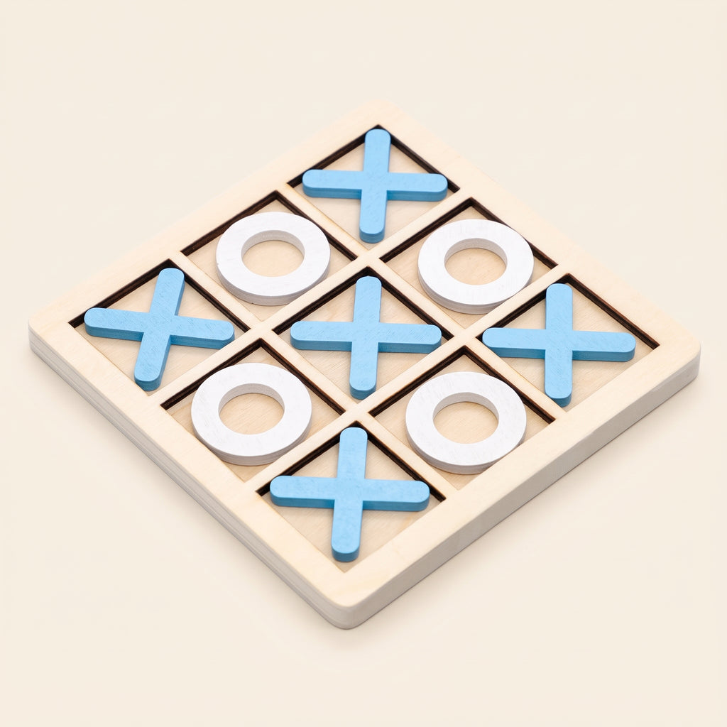 Wooden noughts and crosses board with blue crosses and white noughts