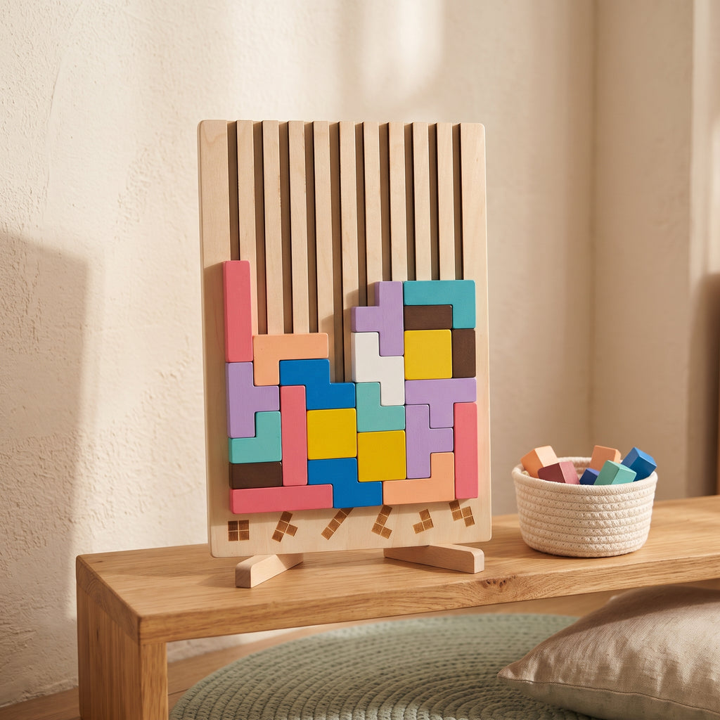 Wooden block puzzle board on a low Montessori shelf