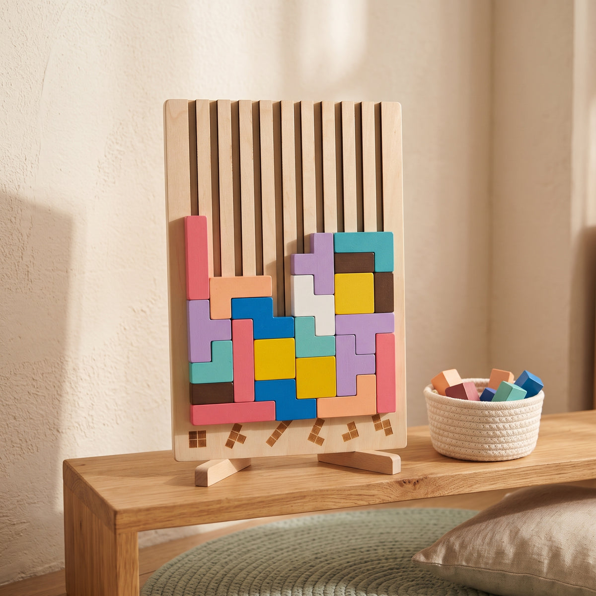 Wooden block puzzle board on a low Montessori shelf