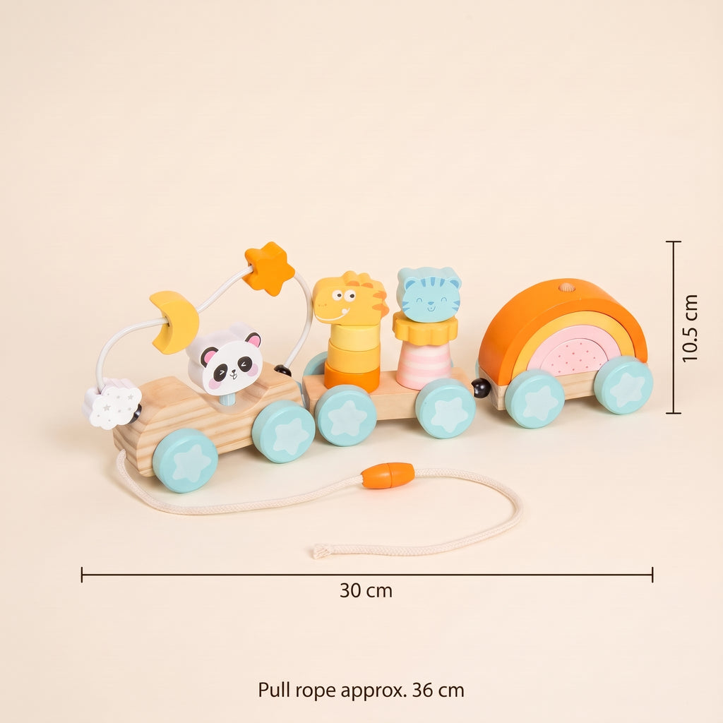 Wooden pull-along train dimensions: 30 cm long, 10.5 cm high