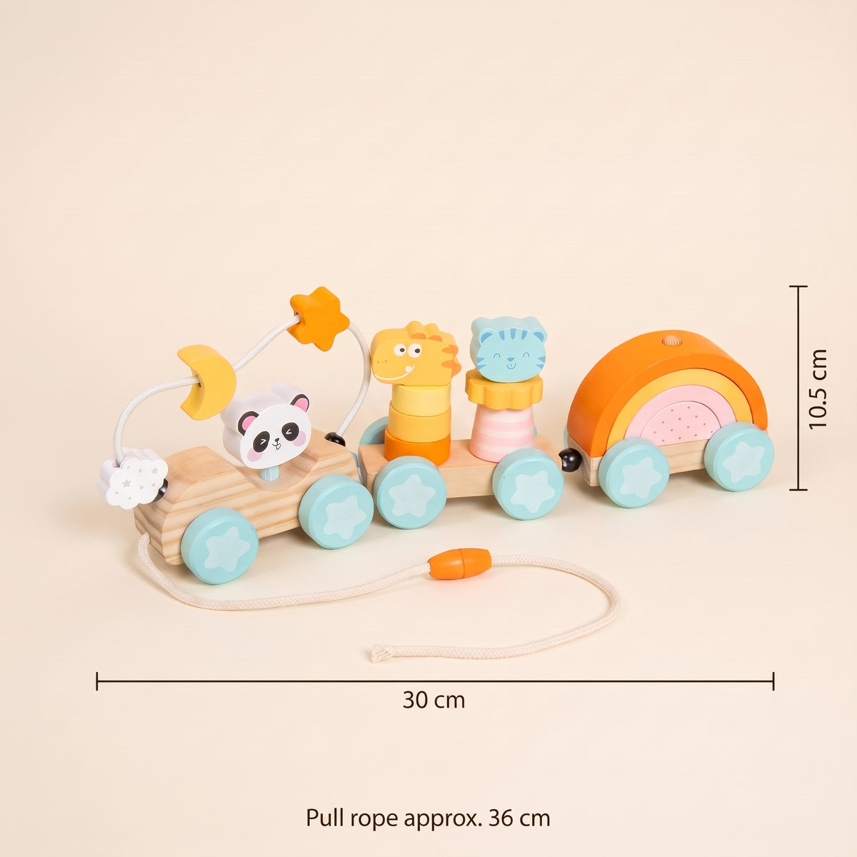 Wooden pull-along train dimensions: 30 cm long, 10.5 cm high