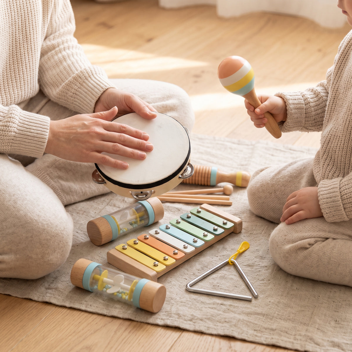 A parent tapping the tambourine while a child shakes the wooden maraca
