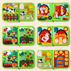 Six pages of the farm cloth activity book: animals, hen and eggs, barn, vegetable garden, shapes and animal puzzle