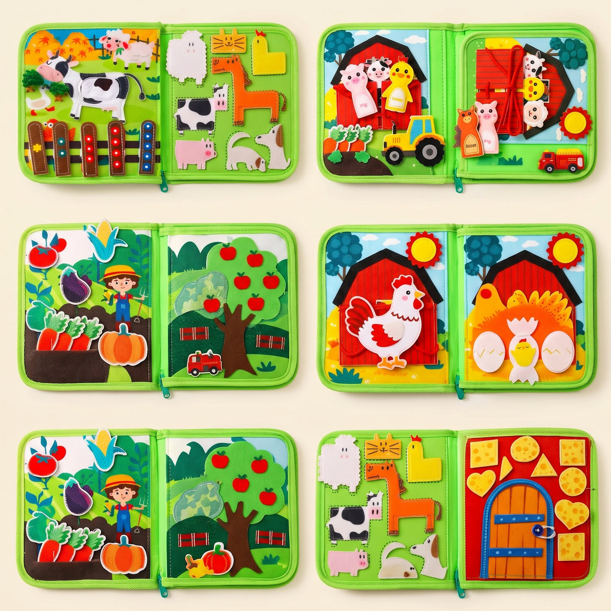 Six pages of the farm cloth activity book: animals, hen and eggs, barn, vegetable garden, shapes and animal puzzle