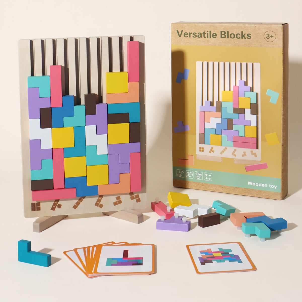 The wooden block puzzle board with its box, loose blocks and pattern cards