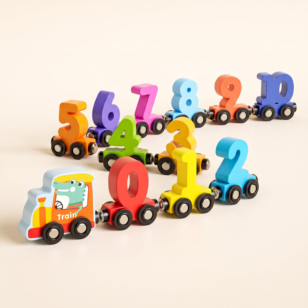 Wooden magnetic number train with a crocodile engine and colourful number wagons from 0 to 10 on a cream background